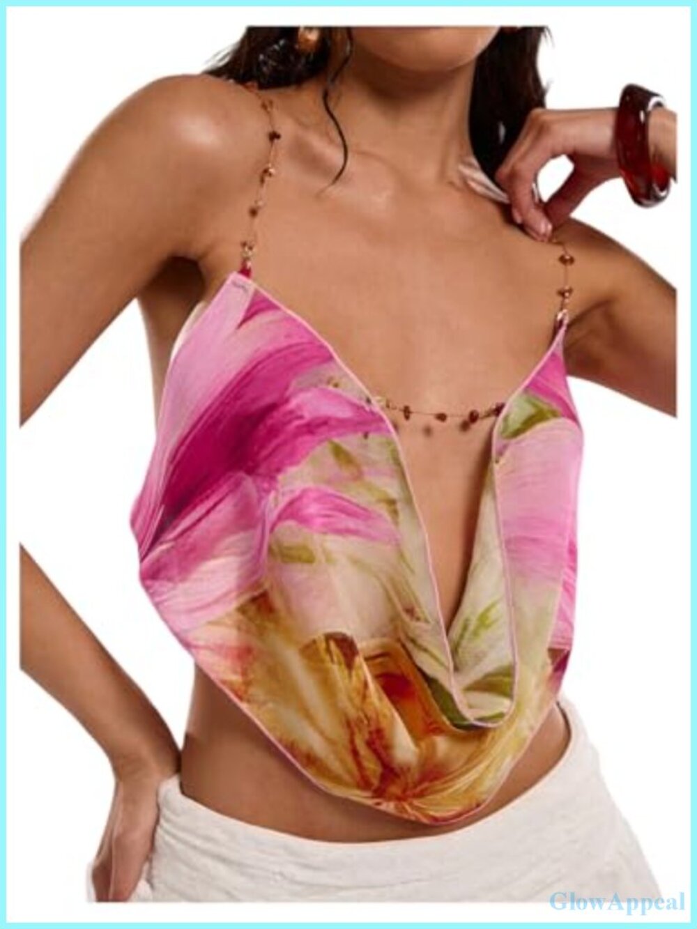 Boho Floral Beaded Chain Camisole Crop Top Backless Cowl Neck Sleeveless